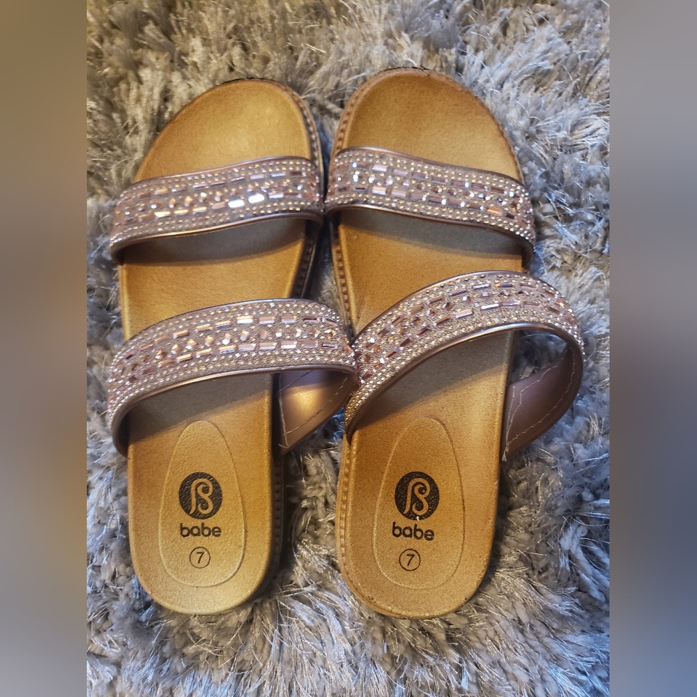 COPY - Ladies Size 7 Babe Brand Gold Sandals with Rhinestone Straps
